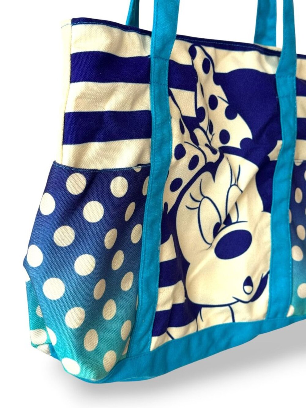 Disney Minnie Mouse Tote Bag Canvas Polka Dot & Striped Print Blue/White - Picture 3 of 11